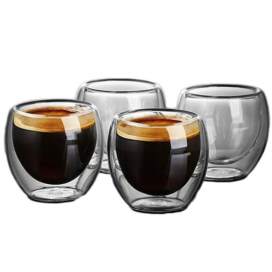 This elegant espresso glass boasts intricate hand-etched details and an ergonomic handle, enhancing your espresso experience with its refined design